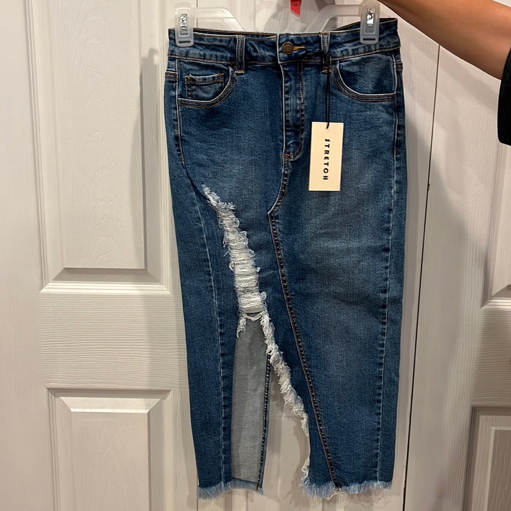 Destroyed denim pencil skirt